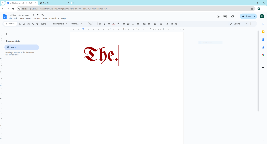 Image of google doc with the word the in fancy red font.